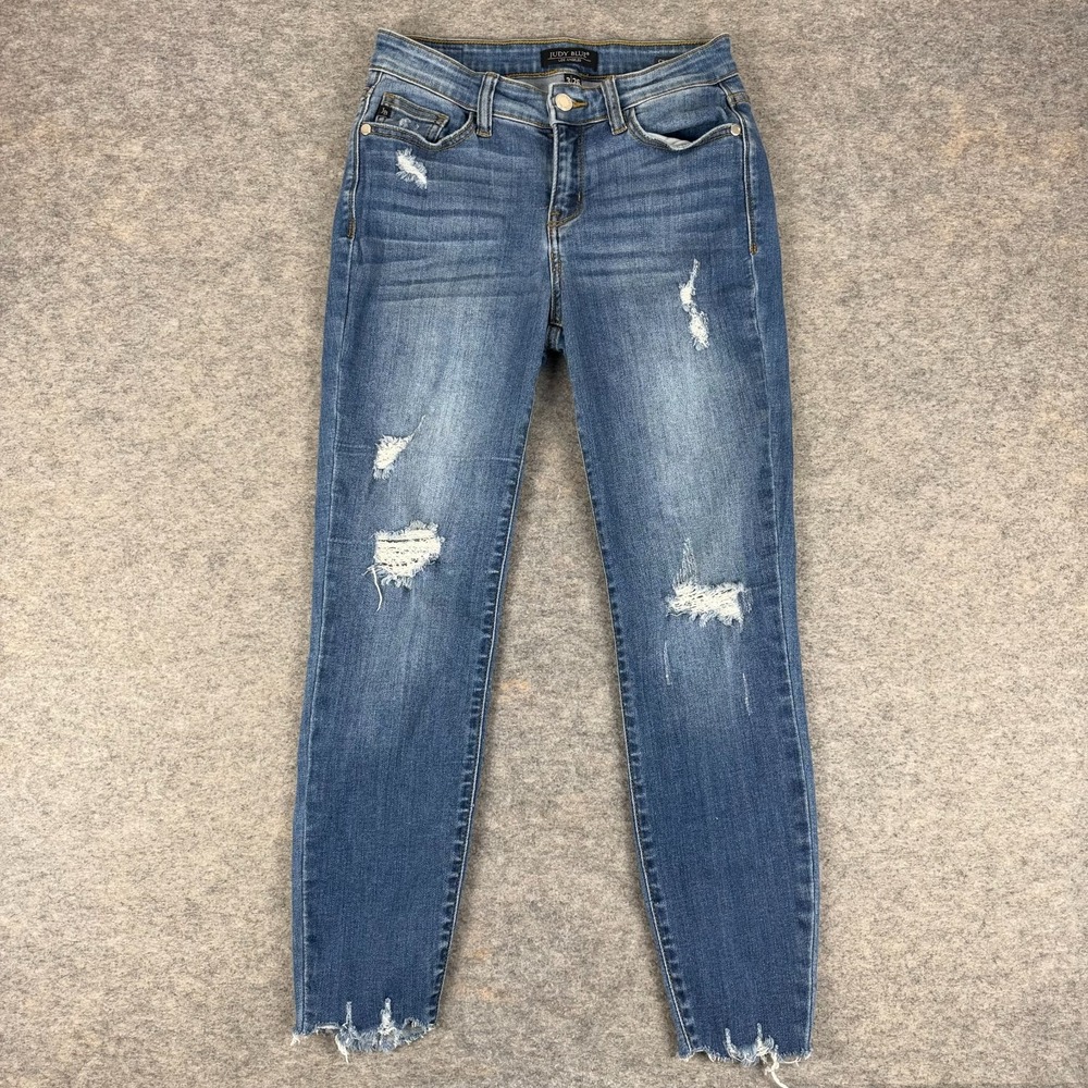 Judy Blue Jada Medium Wash Destroyed Hem Skinny Jeans 25" Crop Fit Womens 3 26